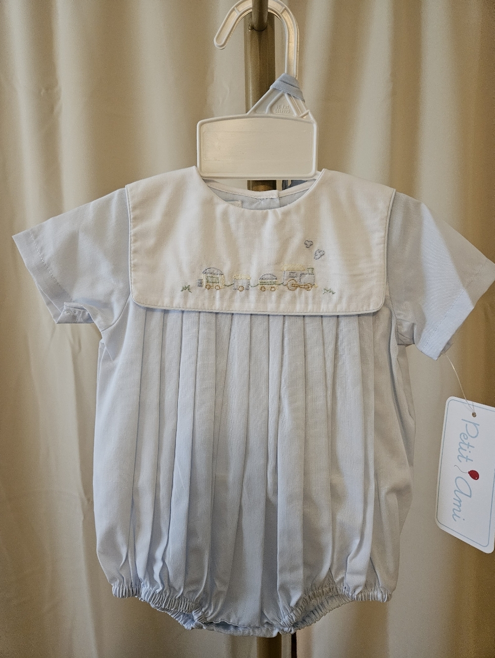Heirloom Blue & White Train Embroidered Bubble – Petit Ami NB/3M 💙 - Picture 2 of 6